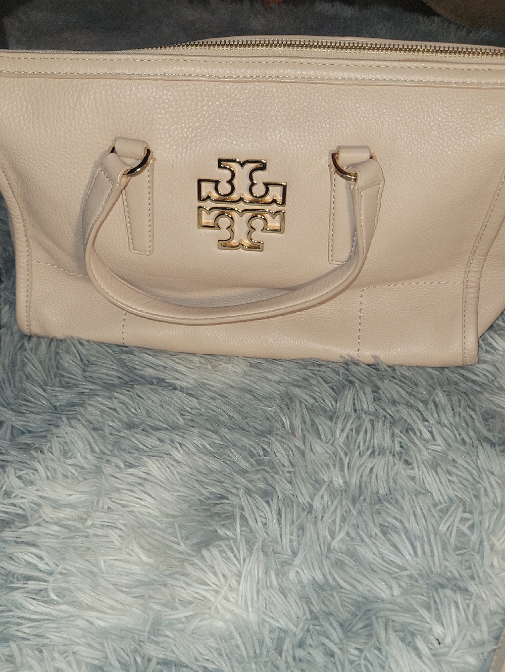 Tory Burch Beige/Cream Leather Logo Satchel with Gold Hardware